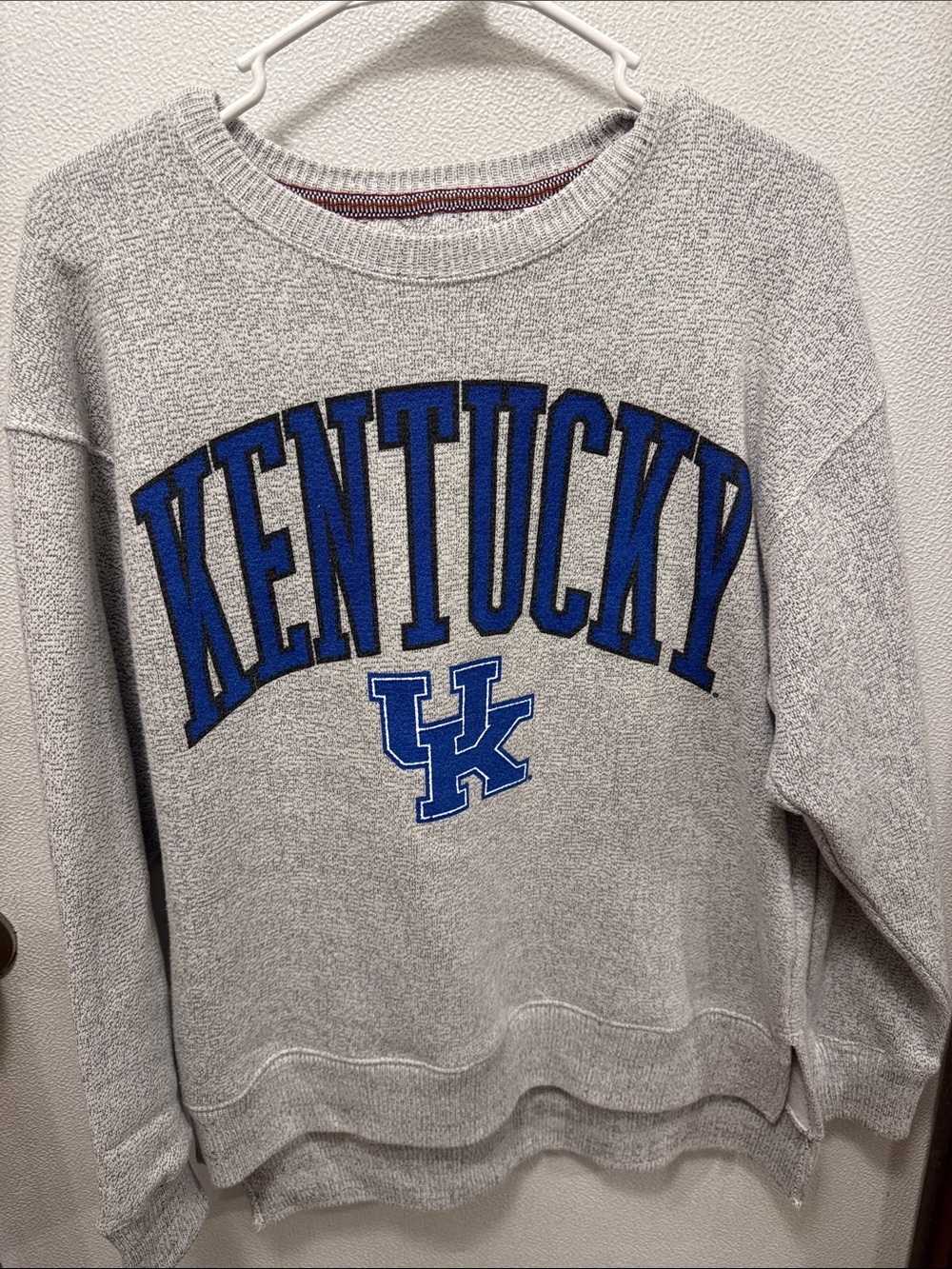 Pressbox Gray Crewneck Sweater with Blue Kentucky Applique